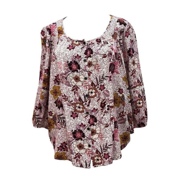 NWOT Knox Rose Blouse Women's Large Multicolor Floral 3/4 Sleeve Rayon Flowy - Picture 1 of 11